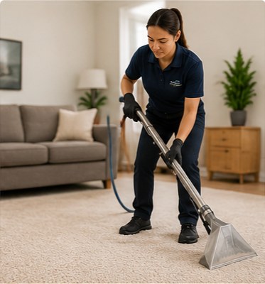 Professional carpet cleaner using extraction equipment in a bright residential living room