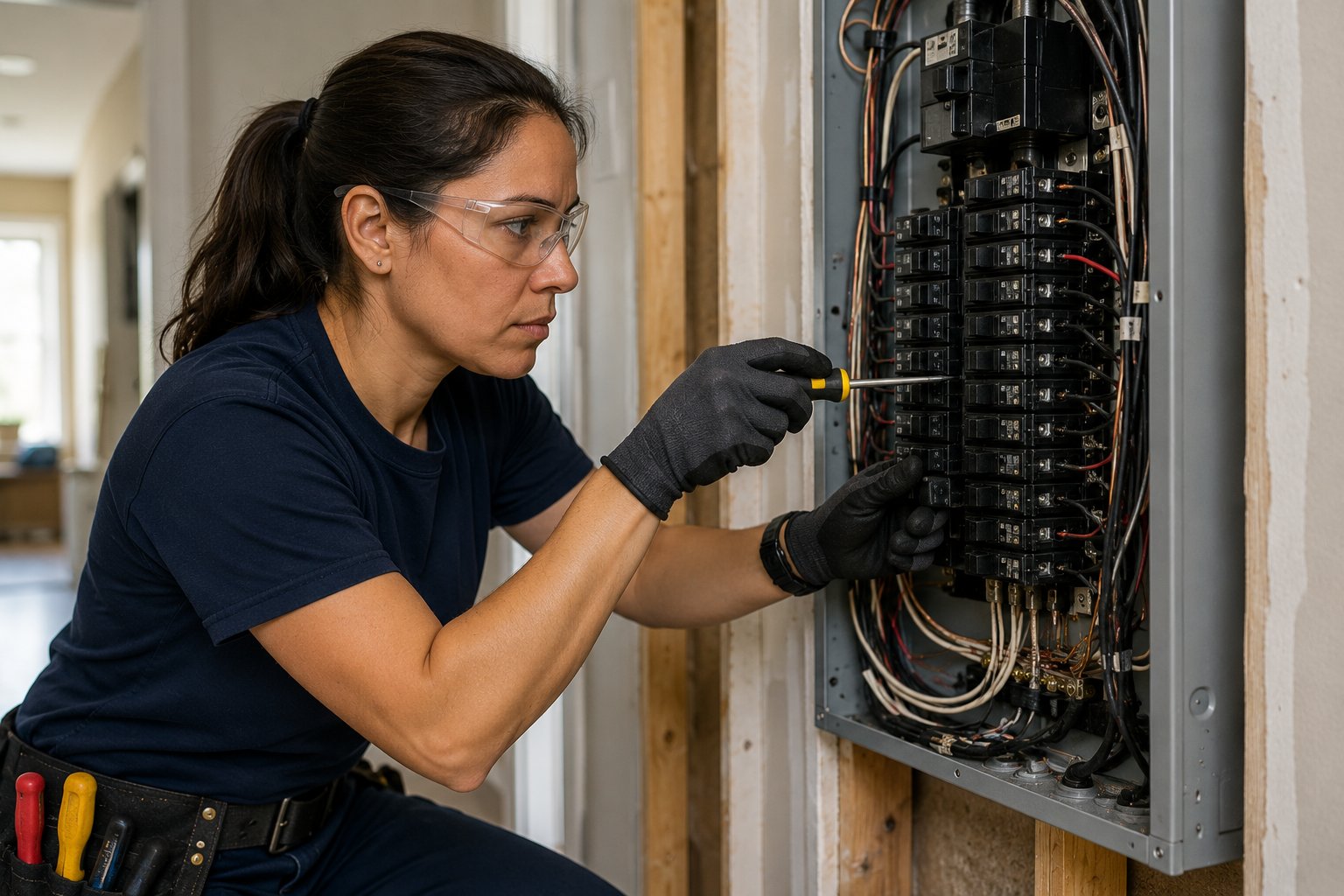 Female electrician with safety glasses working inside a residential electrical panel