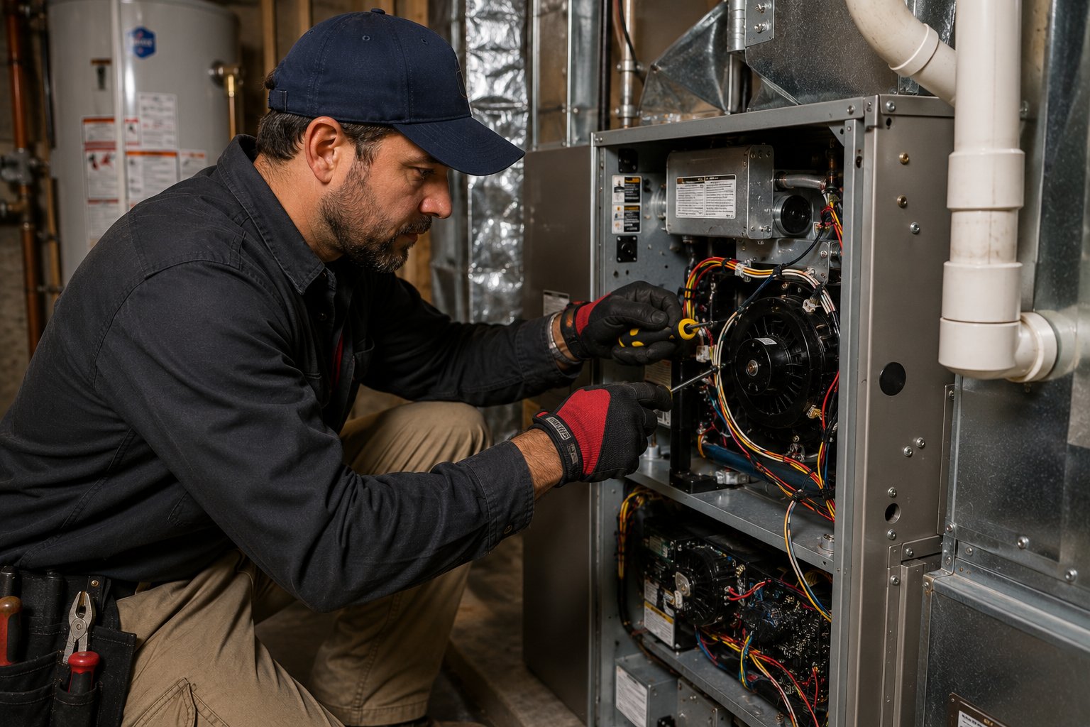 HVAC technician servicing a residential furnace in a basement utility room