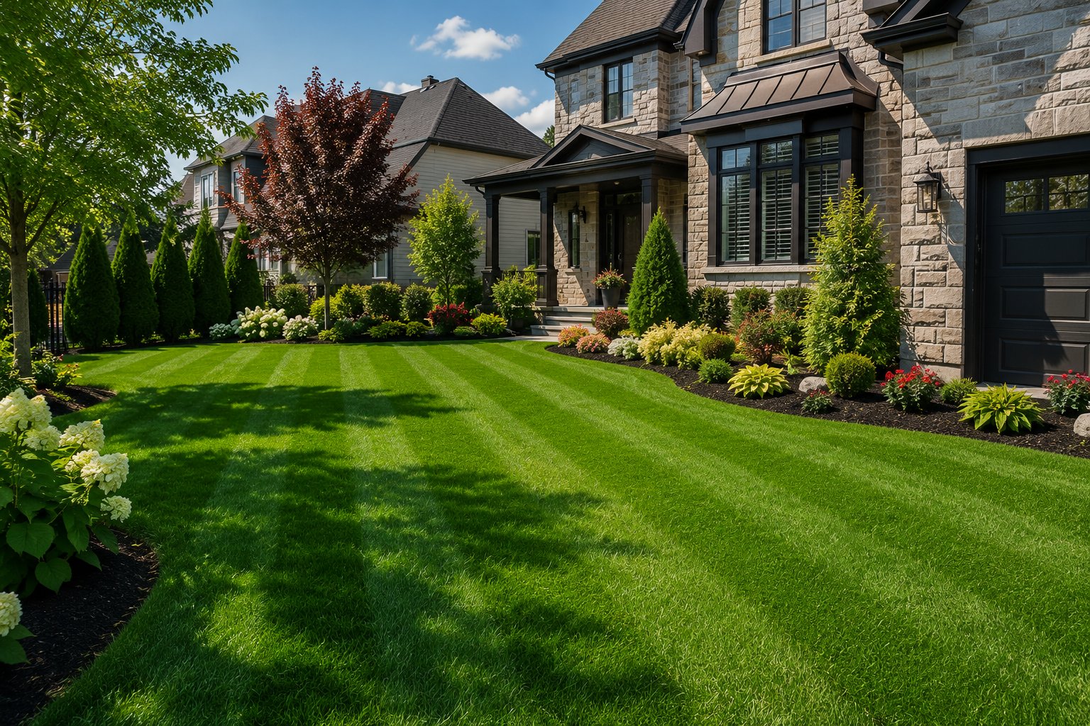 Beautifully maintained residential lawn with striped mowing pattern, stone home and professional landscaping