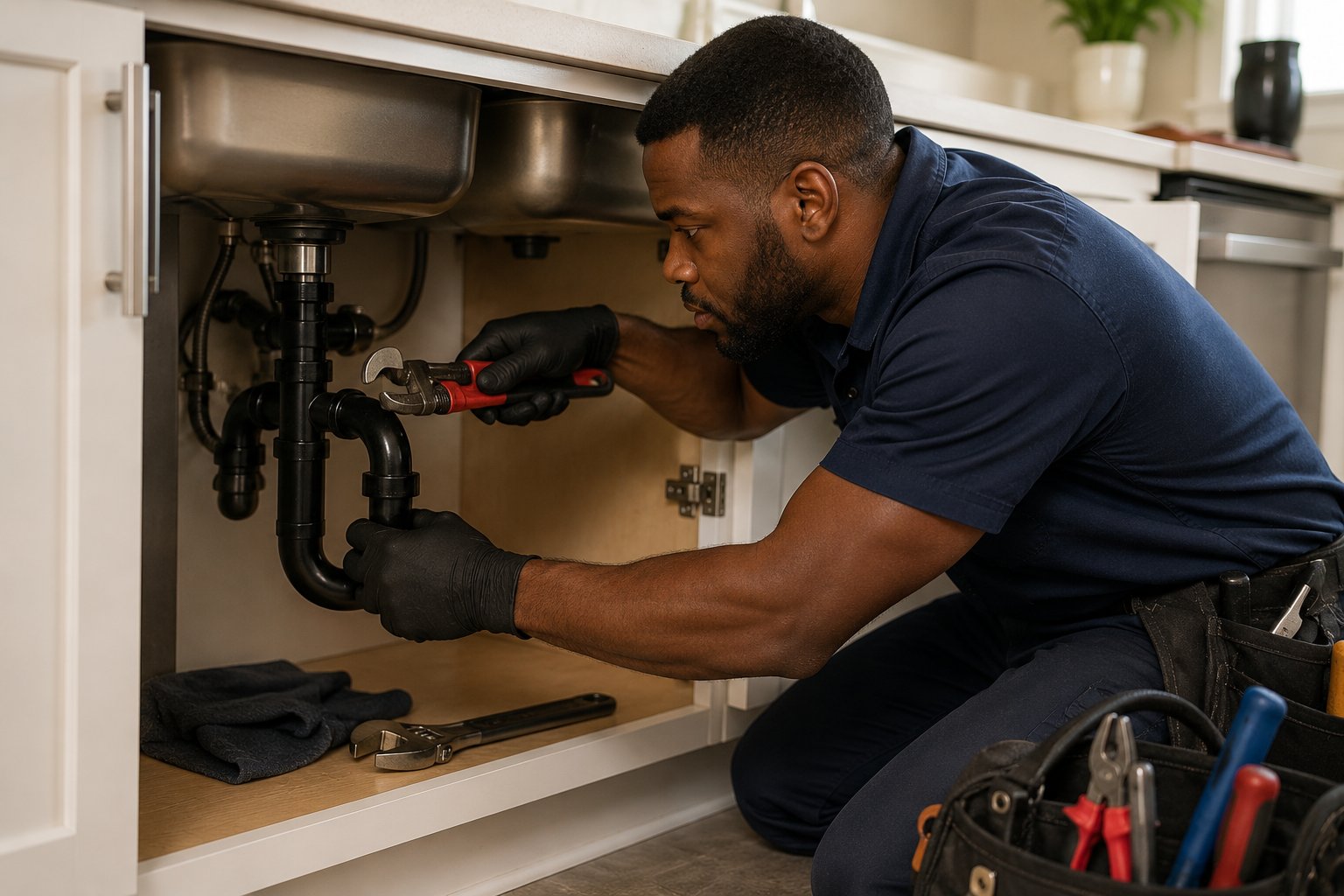 Licensed plumber working under a kitchen sink, pipes and wrench clearly visible