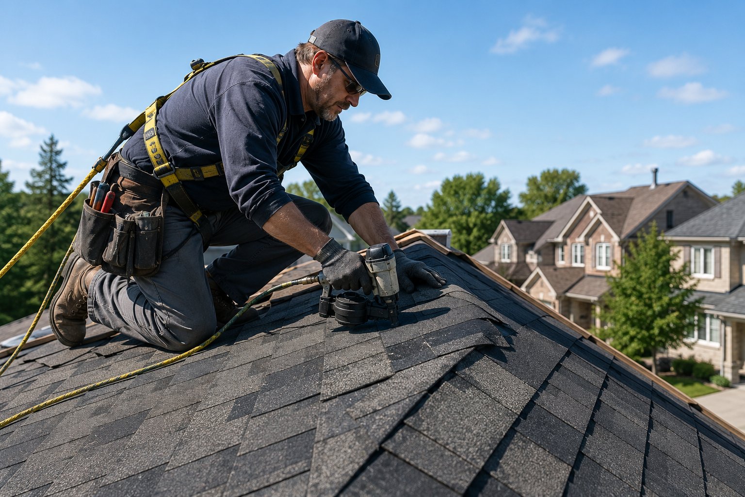 Professional roofer kneeling on asphalt shingles with safety harness, Ottawa residential homes visible in background
