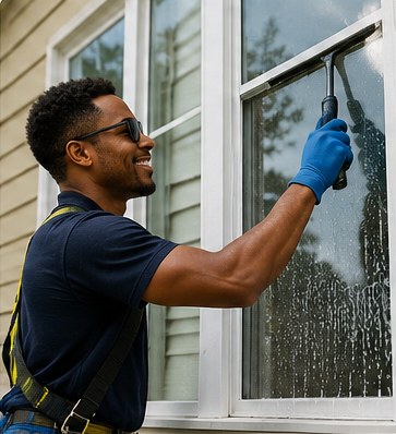 Professional window cleaner washing large residential windows on a bright suburban home